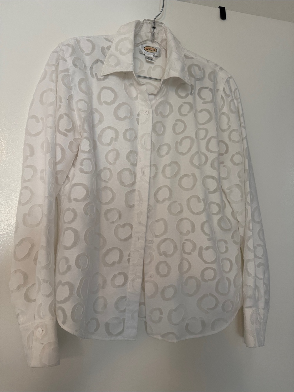 Talbots White Button-Down Shirt with Subtle Circular Jacquard